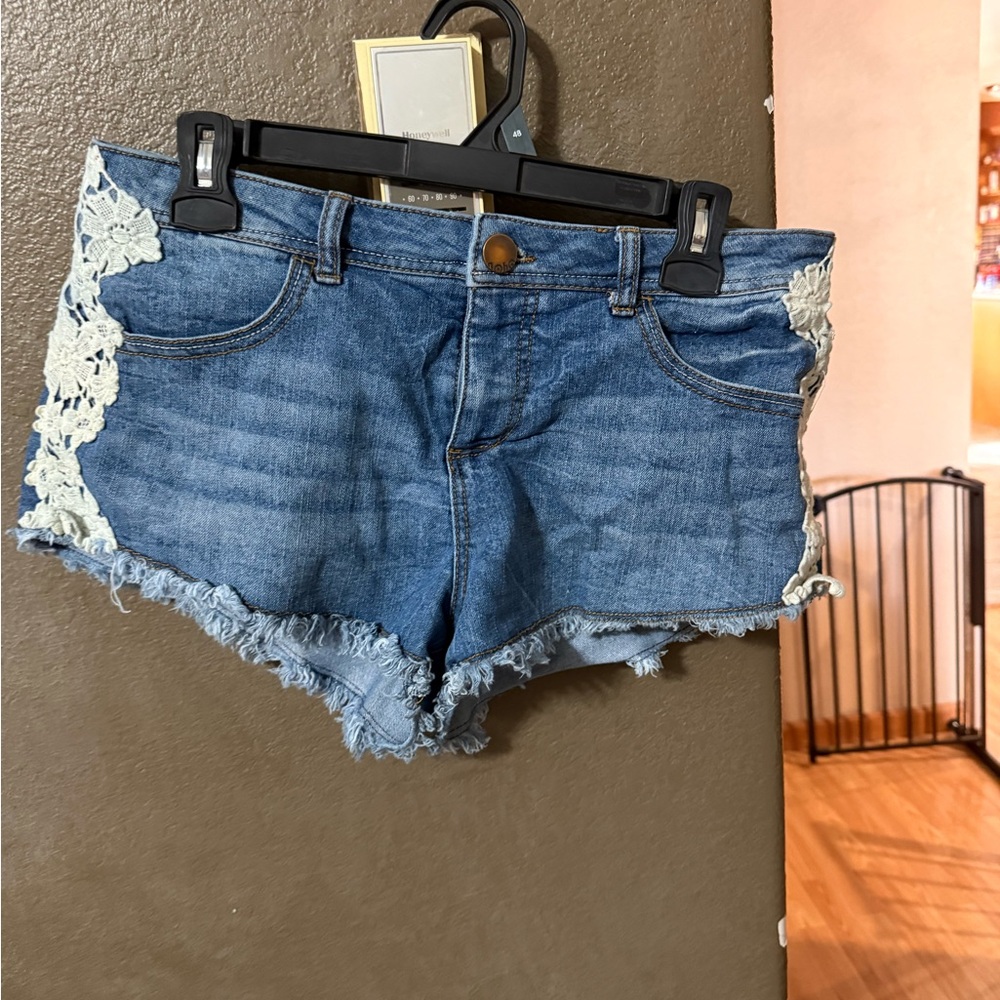 No Boundaries Blue Women's Cut off Shorts with Lace Accents
